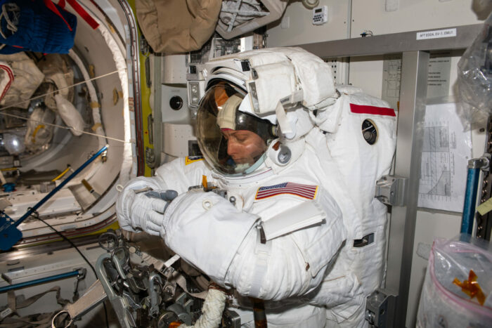 NASA astronaut and Expedition 70 Flight Engineer Loral O'Hara prepares for an upcoming spacewalk, contributing to space research