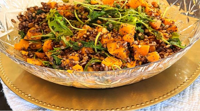 The perfect space meal - a vegetarian salad comprised of vegetarian salad consists of soybeans, poppy seeds, barley, kale, peanuts, sweet potato, and/or sunflower seeds.