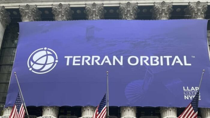 Terran Orbital's banner above the New York Stock Exchange on March 28, 2022.