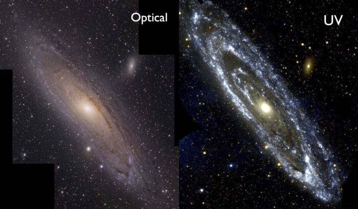The Andromeda Galaxy, M31 in optical (left) versus ultraviolet wavelengths (right)