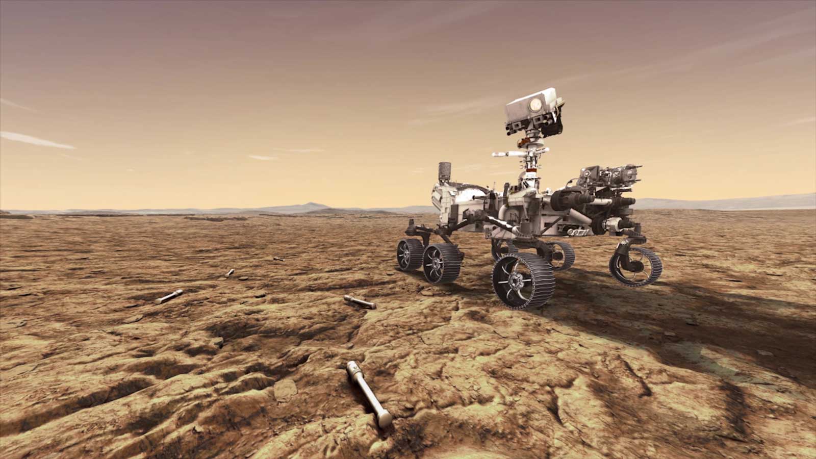 Rendering of the Perseverance rover on Mars.