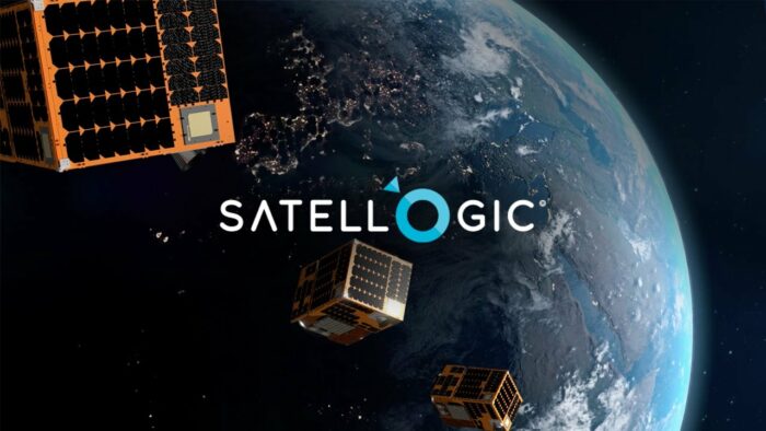Satellogic logo over rendering of Satellogic technology